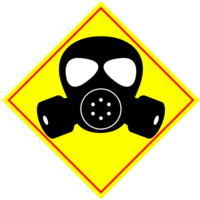 有毒ガス吸うと危険「注意喚起サイン」のイラスト・黄色地に赤枠線、図は黒と白