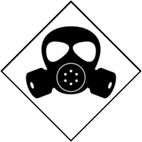 有毒ガス吸うと危険「注意喚起サイン」のイラスト・白色地に黒枠線、図は黒と白