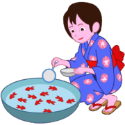 金魚すくい お祭りで浴衣姿の少女が金魚すくいを楽しんでいるイラスト