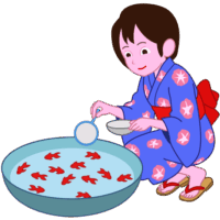 お祭りで浴衣姿の少女が金魚すくいを楽しんでいるイラスト