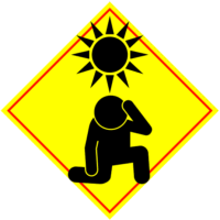 気温上昇、熱中症危険「注意喚起サイン」のイラスト・黄色地に赤枠線、図は黒