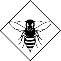 攻撃的なスズメバチに対する「注意喚起サイン」のイラスト・白地に黒枠線、図は黒白