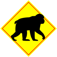 野生の猿に用心「注意喚起サイン」のイラスト・黄色地に赤枠線、図は黒