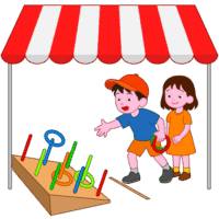 お祭りの屋台で輪投げを楽しんでいる子どものイラスト