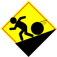 傾斜地での転落物危険「注意喚起サイン」のイラスト・黄色地に赤枠線、図は黒