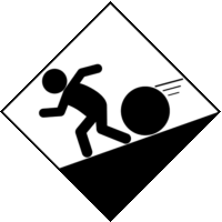 傾斜地での転落物危険の「注意喚起サイン」のイラスト・白地に黒枠線、図は黒ベタ