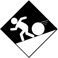 傾斜地での転落物危険の「注意喚起サイン」のイラスト・黒地に図は白抜き