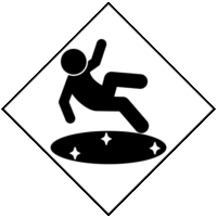 足元つるつる滑る危険の「注意喚起サイン」のイラスト・白地に黒枠線、図は黒ベタと白抜き