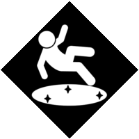 足元つるつる滑る危険の「注意喚起サイン」のイラスト・黒地に図は白抜き、ピカピカは黒