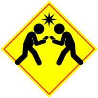 歩きスマホ衝突危険「注意喚起サイン」のイラスト・黄色地に赤枠線、図は黒