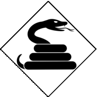 危険な毒蛇に対する「注意喚起サイン」のイラスト・白地に黒枠線、図は黒