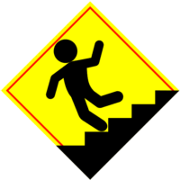 階段から転落防止の「注意喚起サイン」のイラスト・黄色地に赤枠線、図は黒