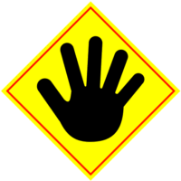手を突き出して制止「注意喚起サイン」のイラスト・黄色地に赤枠線、図は黒