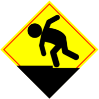 通路の段差での躓き防止の「注意喚起サイン」のイラスト・黄色地に赤枠線、図は黒