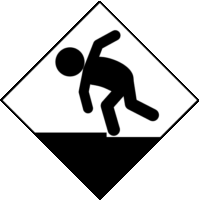 通路の段差での躓き防止の「注意喚起サイン」のイラスト・白地に黒枠線、図は黒ベタ