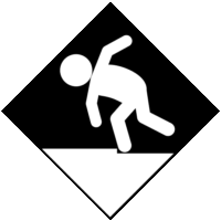 通路の段差での躓き防止の「注意喚起サイン」のイラスト・黒地に図は白抜き