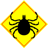 感染症を媒介するマダニの「注意喚起サイン」のイラスト・黄色地に赤枠線、図は黒