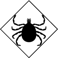 感染症を媒介するマダニの「注意喚起サイン」のイラスト・白地に黒枠線、図は黒ベタ