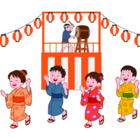 夏の思い出！【盆踊り・お祭り】浴衣姿の子供たちのフリーイラスト素材