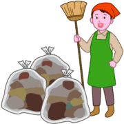 掃除主婦 箒を手にした主婦が大掃除をして大量のゴミを出しているイラスト
