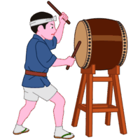 力強く祭り太鼓をたたく屈強の若者のイラスト