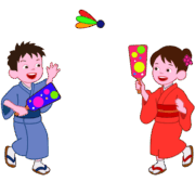 正月に着物姿で羽根つきをしている子ども達のイラスト