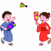 正月に着物姿で羽根つきをしている子ども達のイラスト