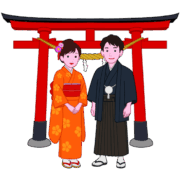 元旦に着物姿で初詣に出かけている若い男女のイラスト
