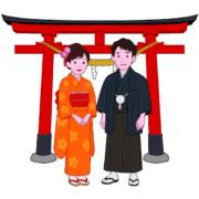 元旦に着物姿で初詣に出かけている若い男女のイラスト