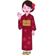 笑顔で手を振る着物姿の女性のイラスト
