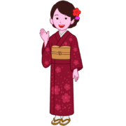 笑顔で手を振る着物姿の女性のイラスト