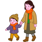 寒い日に防寒具を着てお出かけしている母と娘のイラスト