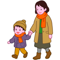 母と娘 寒い日に防寒具を着てお出かけしている母と娘のイラスト