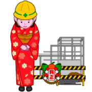 新年の工事現場で挨拶をしている振袖姿の女性オジギビトのイラスト