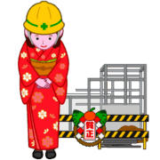 新年の工事現場で挨拶をしている振袖姿の女性オジギビトのイラスト