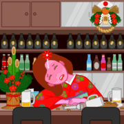 正月にお客が来ないので独りで酔いつぶれてしまったスナックママさんのイラスト