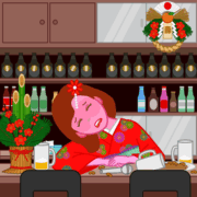 酔いつぶれママさん 正月にお客が来ないので独りで酔いつぶれてしまったスナックママさんのイラスト