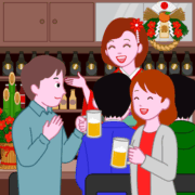 ご機嫌ママ 正月にようやく店が混んで、ご機嫌なスナックママのイラスト