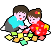 かるた取りアイコン 男の子と女の子が正月の晴れ着姿で、かるた取り遊びをしているアイコン