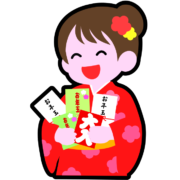 お年玉嬉しいアイコン お年玉の入ったポチ袋をいっぱい抱えて、嬉しそうな笑顔を浮かべている女の子のアイコン