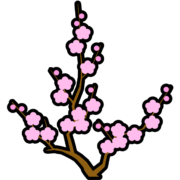 梅アイコン 太めの縁取りでデザインされた、ピンク色の梅の花と枝の和風アイコン素材