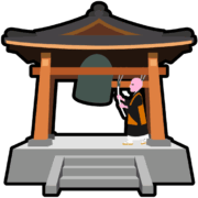 除夜の鐘アイコン 鐘撞堂で大晦日に除夜の鐘を突いているお坊さんのアイコン