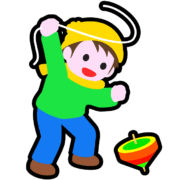 お正月に、勢いよく独楽を回して遊んでいる男の子のアイコン