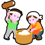 ふたりで餅つきアイコン 若い男女がふたりで、正月に食べる餅をついているアイコン