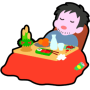 炬燵に潜ってお酒を飲みながら寝正月をしている独身男性のアイコンイラスト