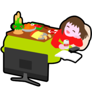 女性の寝正月アイコン 炬燵に入ってテレビを見ながら寝正月を決め込んでいる若い女性のアイコン
