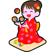 日本の伝統的な正月遊びであるお手玉を、着物姿の女の子が楽しんでいる可愛らしいアイコン