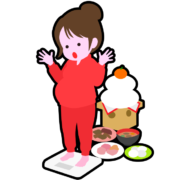 正月太りアイコン 正月に料理を食べ過ぎて太ってしまったのを驚いている若い女性のアイコン