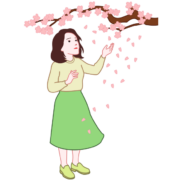 散っている桜の花びらを寂しそうに見ている女性のイラスト