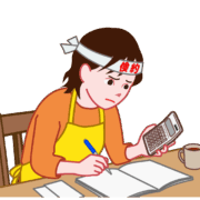 倹約のため電卓片手に、家計簿に奮闘している主婦のイラスト